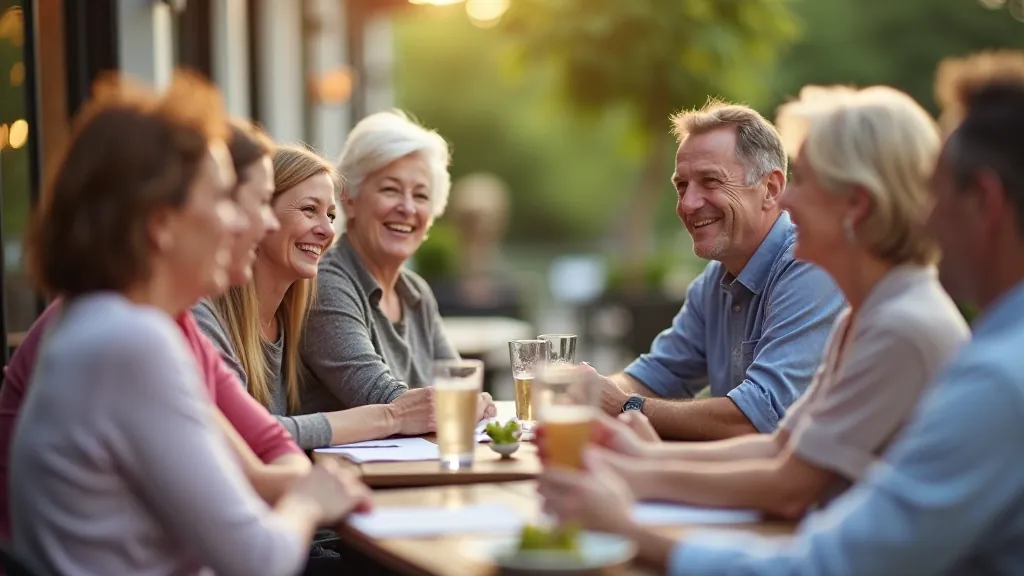 Diverse group of adults aged 50-60 in casual setting, laughing and engaged in conversation at an outdoor café