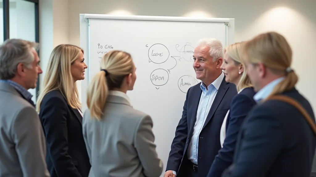 Diverse group of professionals in modern office setting, looking at whiteboard with ideas and plans