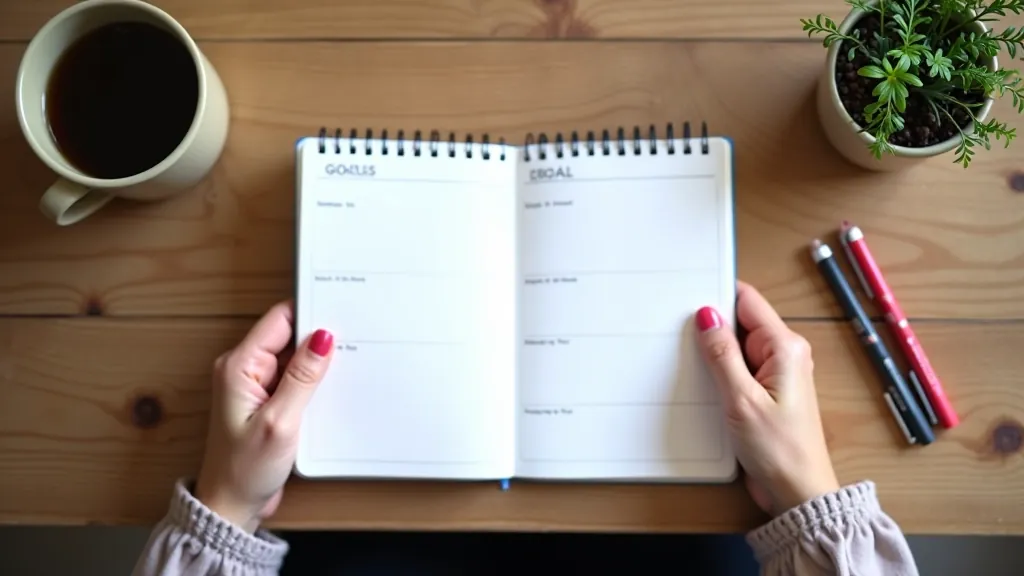 Hands holding planning notebook with handwritten goals and colored markers on workspace, career planning