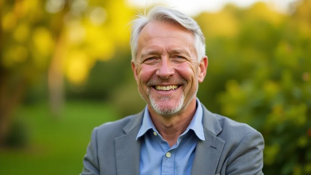 Older man aged 55-60 in casual clothing, smiling confidently while looking at camera, outdoor garden setting