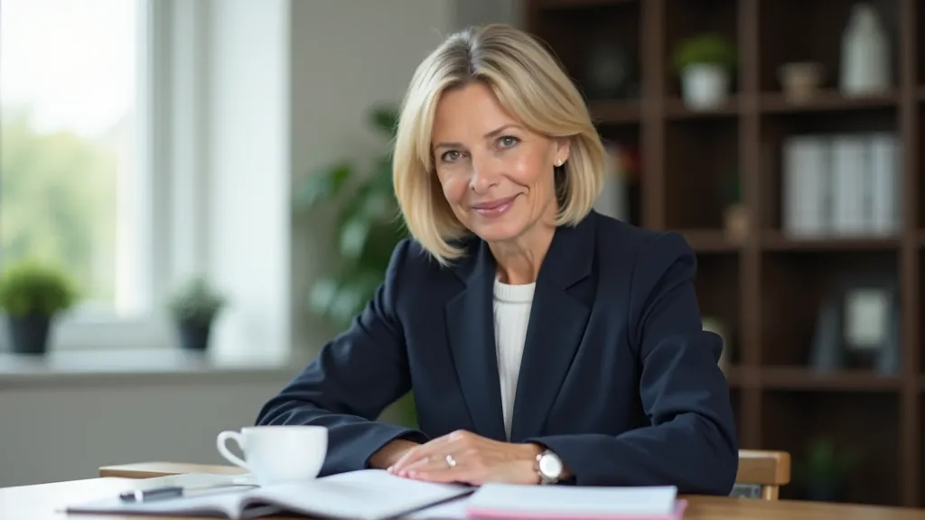 Mature professional woman aged 52 at a wooden desk with notebooks and coffee, portrait from chest up, focused expression