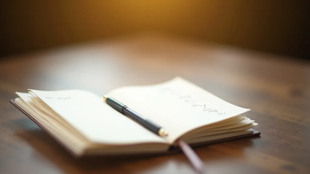 Open notebook with handwritten reflections and a pen on a natural wooden table, soft afternoon light, calm minimalist workspace