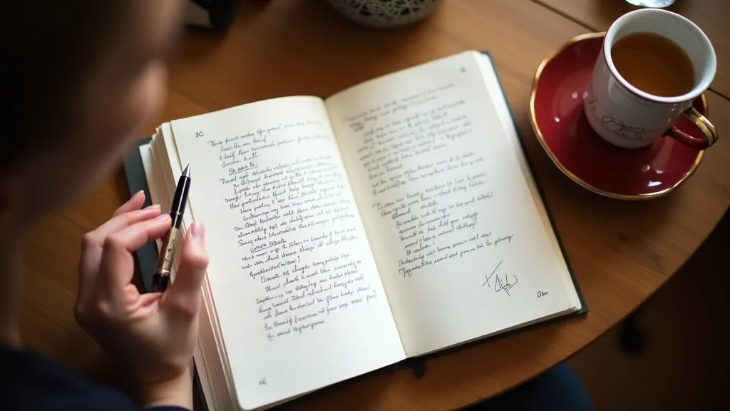 Open journal with pen on wooden table, personal growth and reflection theme