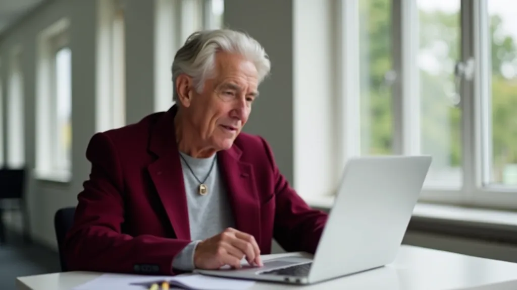 Person aged 50, fully clothed in professional blazer, hands on desk with laptop and journal, focused expression at workspace