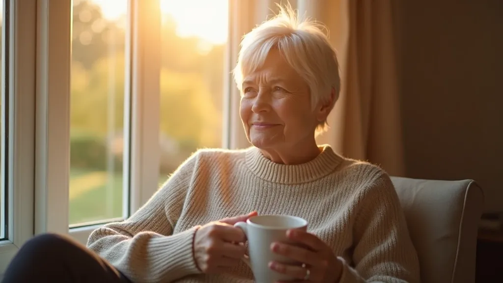 Person sitting peacefully with coffee, morning sunlight through window, contemplative and calm expression