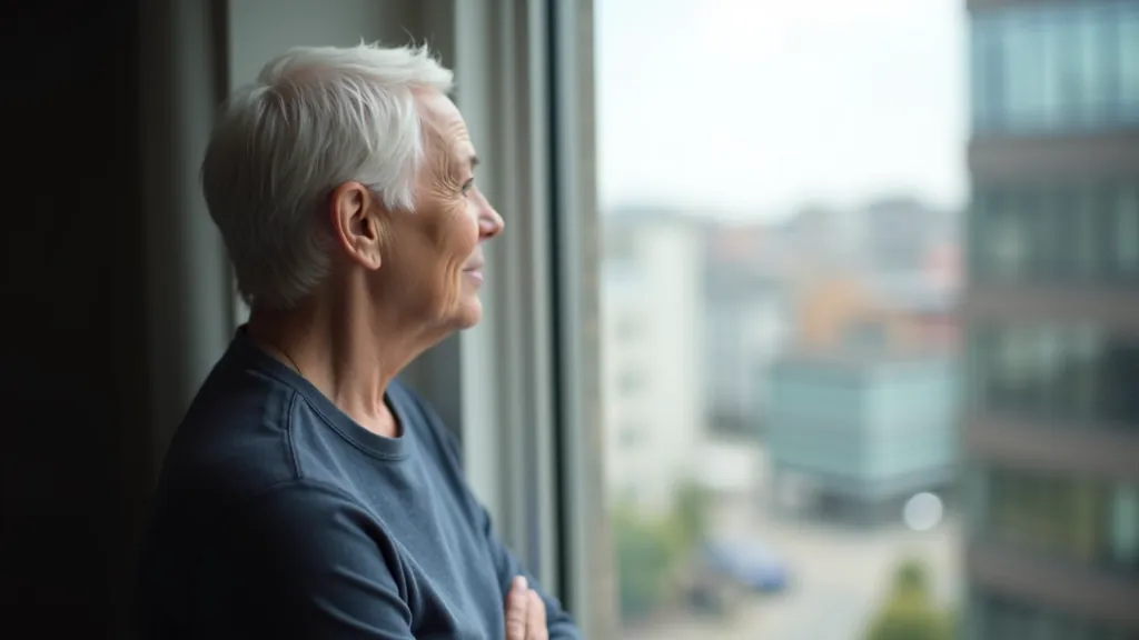 Person looking out large window at urban landscape, contemplative pose, bright daylight, modern apartment setting, upper body visible