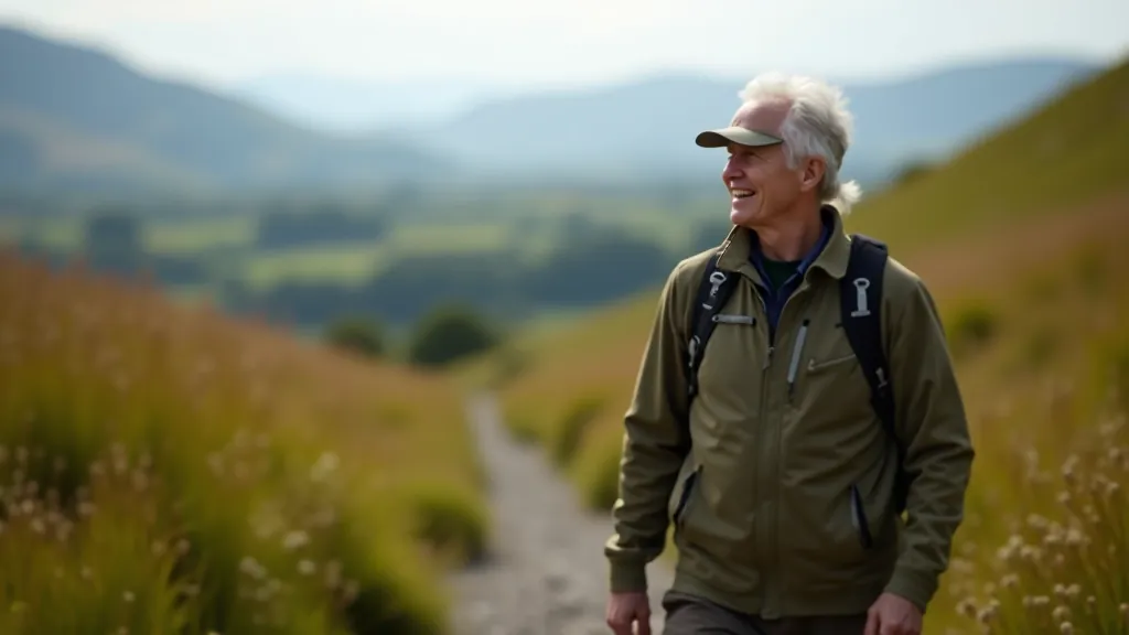 Person hiking on a nature trail with a clear sky above, confident posture looking ahead, outdoor landscape, natural lighting