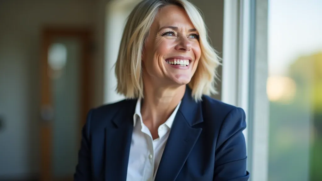 Woman aged 48, fully clothed in smart casual blazer, smiling confidently while looking out window with morning light