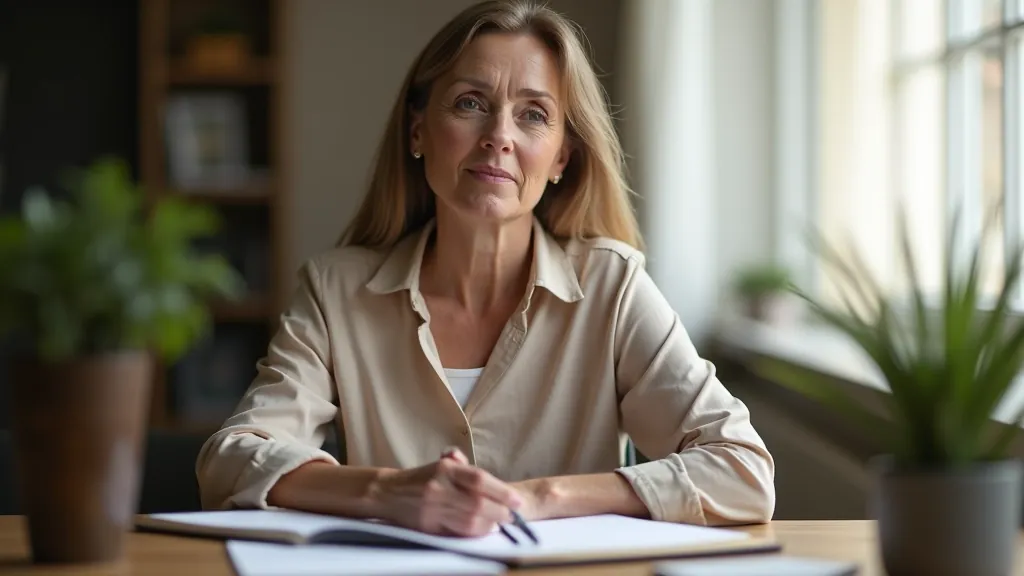 Woman in her late 40s sitting at wooden desk with journal and coffee cup, thoughtful expression, morning light from window, modern home office